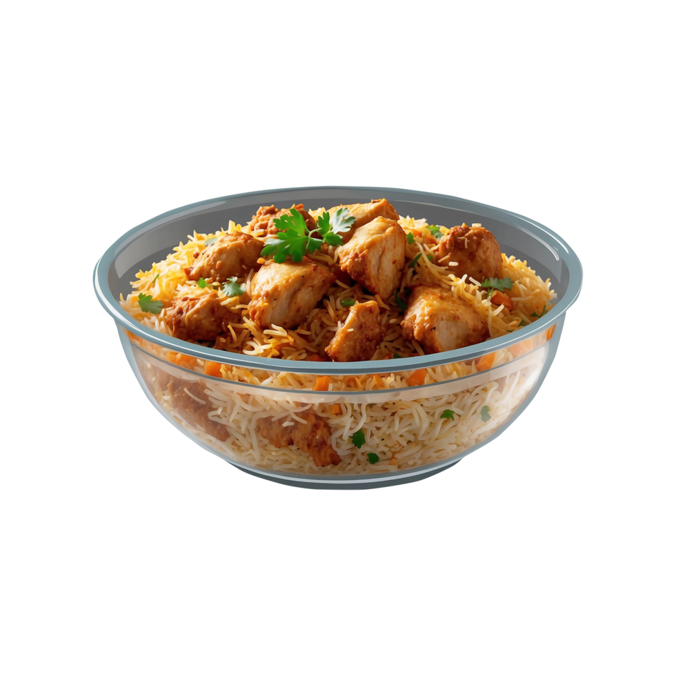 A Hot Delicious bowl of biryani with chicken pieces isolated on a transparent background, Beautiful view of traditional spicy indian food, Iftar meal, Ramadan dinner. png