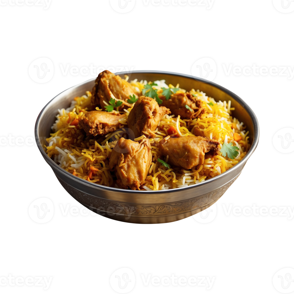 A Hot Delicious bowl of biryani with chicken pieces isolated on a transparent background, Beautiful view of traditional spicy indian food, Iftar meal, Ramadan dinner. png