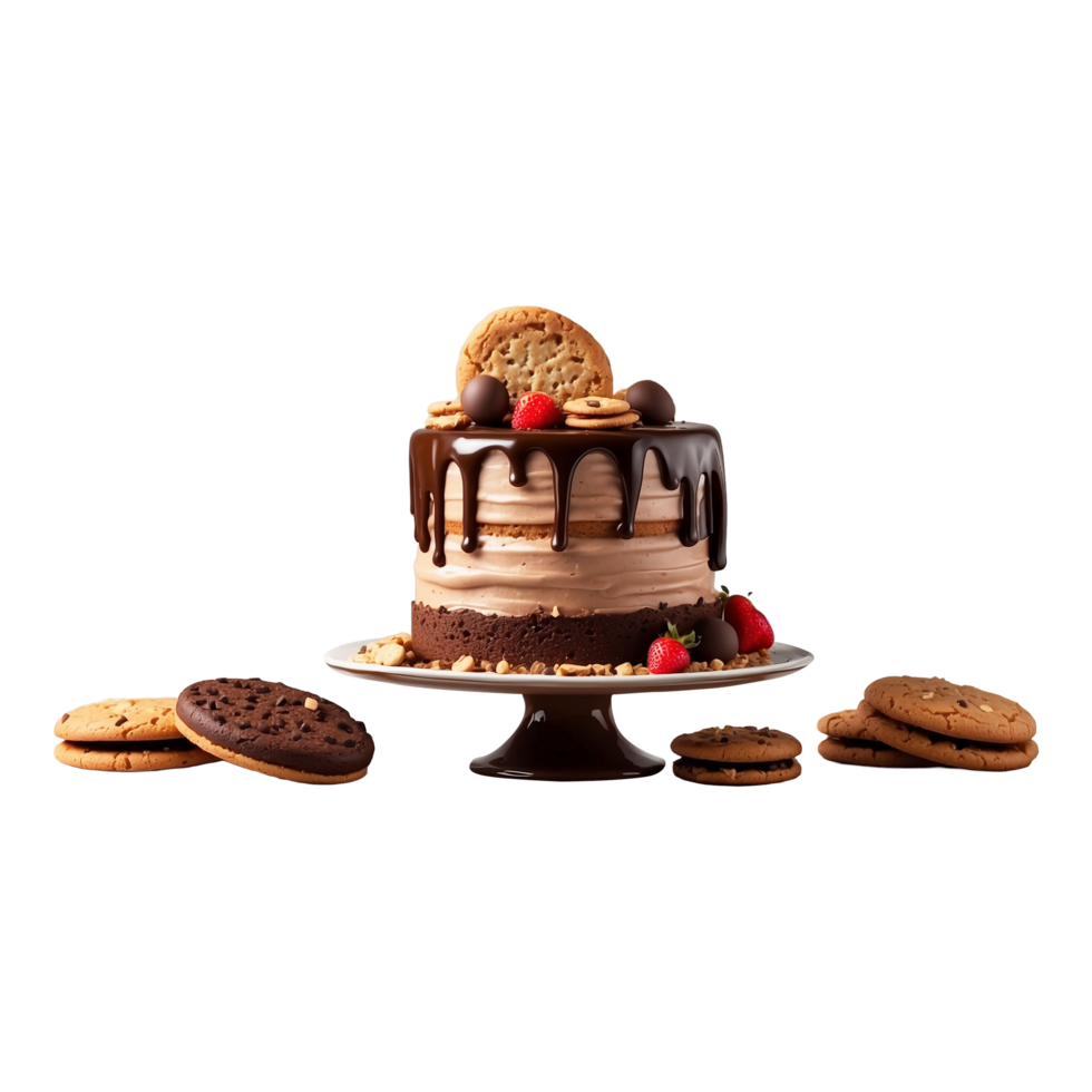 Cake poured with chocolate and decorated with Biscuits Isolated on a transparent background png