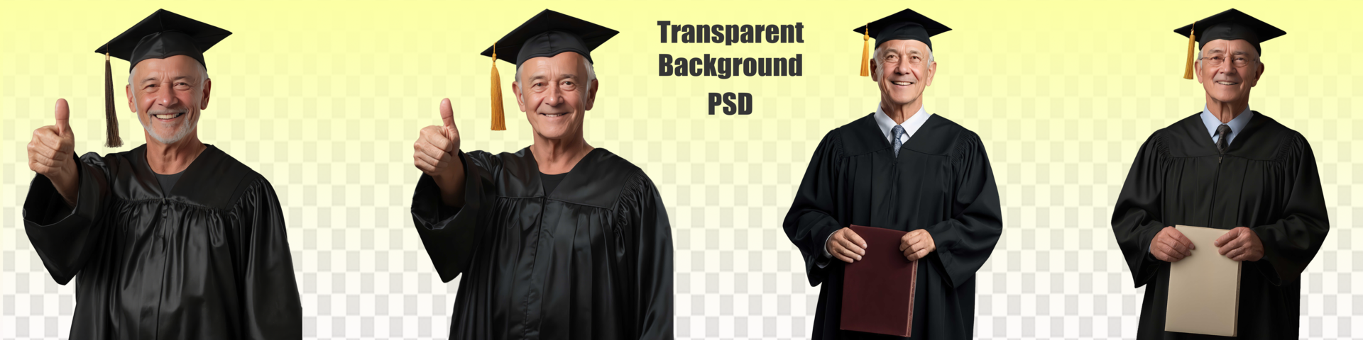 Man over 50 wearing cap and gown for graduation ceremony. Elderly graduate. psd