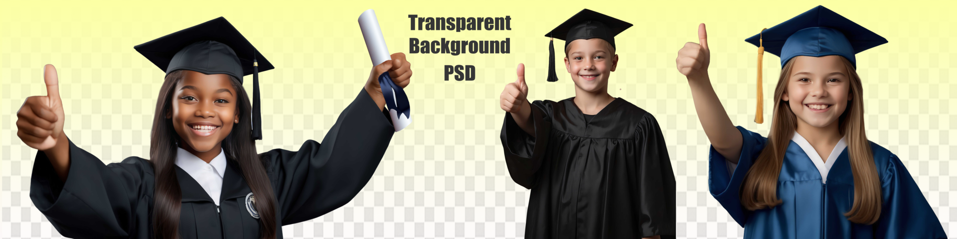 Elementary age boy and girl wearing graduation caps and gowns smile while standing with degree in hand psd