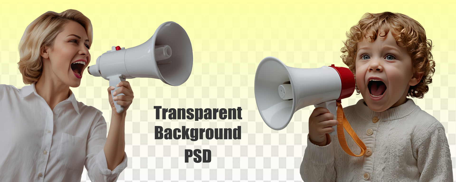 The concept of parent-child miscommunication with children. Woman and child with megaphones. psd