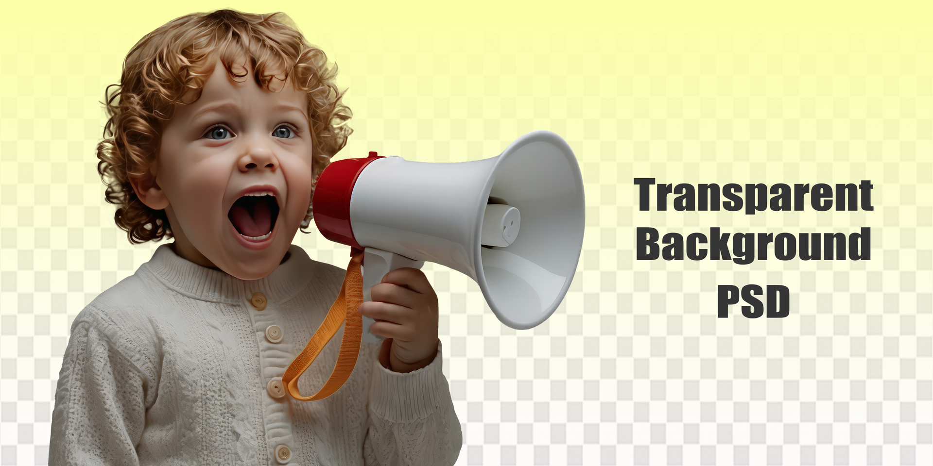 Cute 5 year old boy shouting on megaphone isolated on light blue background with copy space psd