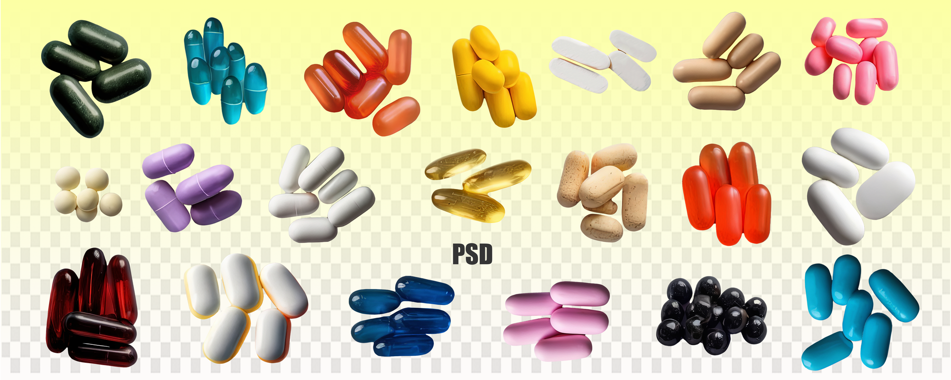A set of pills, supplements, capsules, medications, vitamins. Pharmaceuticals, tablets of different colors without background. psd
