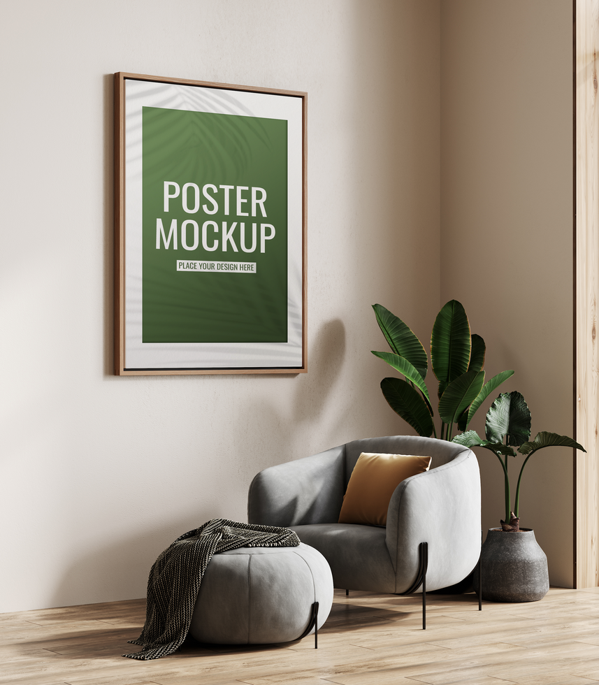 Poster frame mockup in modern living room furnace psd