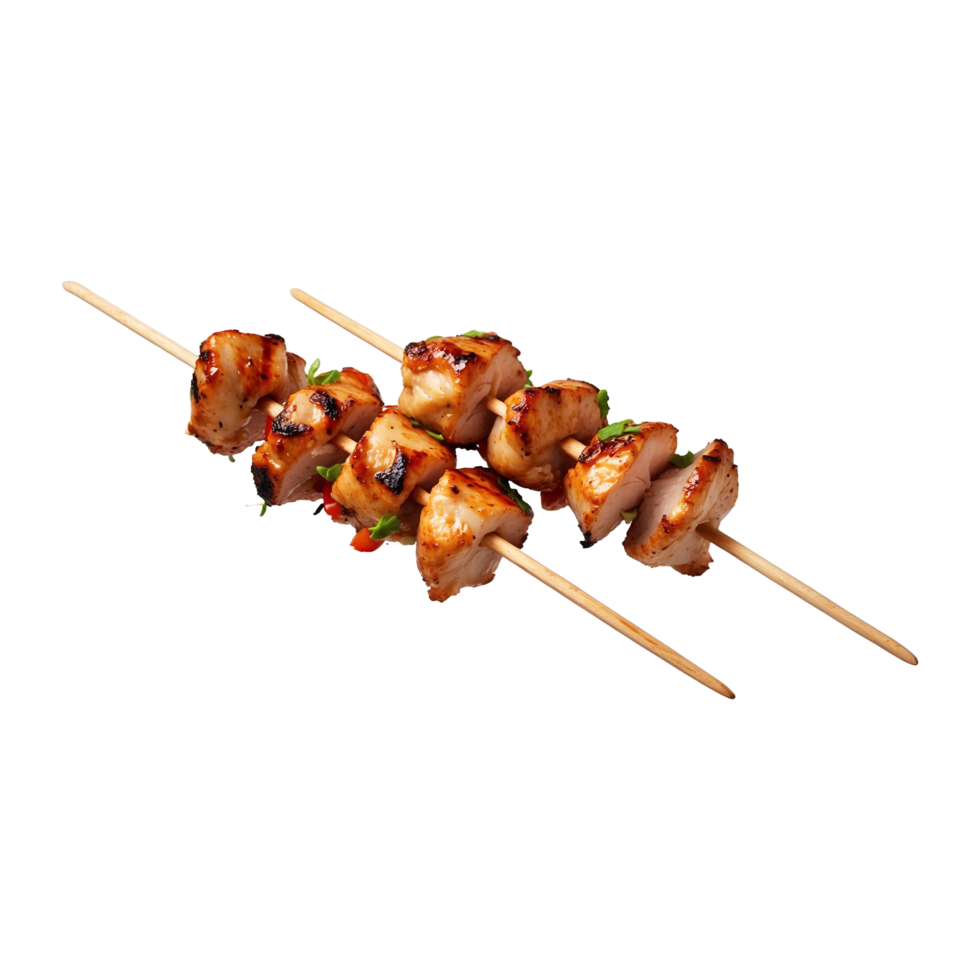 Tasty grilled chicken shish kebab skewer with vegetables isolated On Transparent Background png