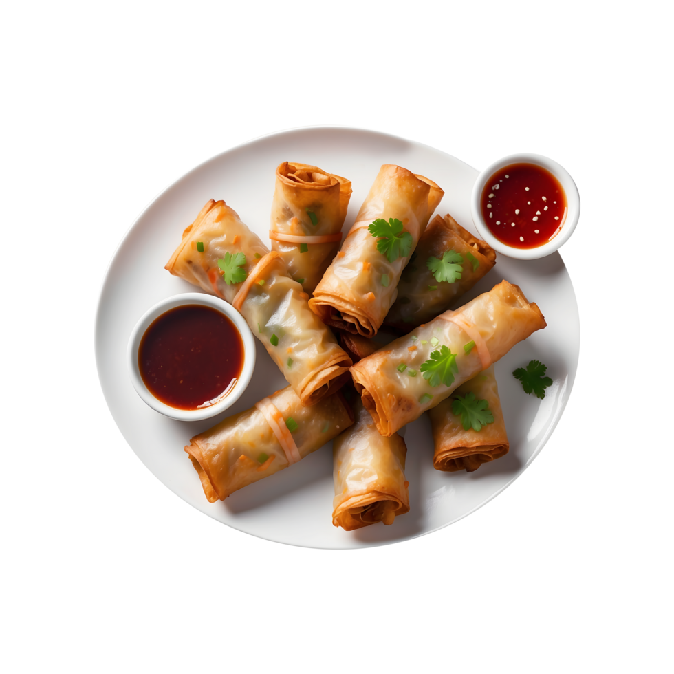 Fried spring rolls with sauce on a plate on a transparent background png