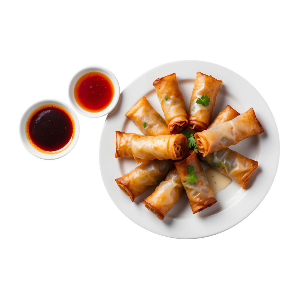 Fried spring rolls with sauce on a plate on a transparent background png
