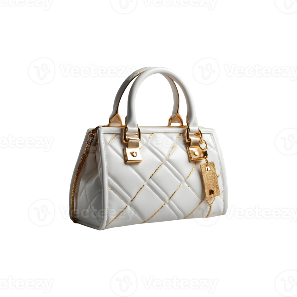 A Luxury White and Gold purse made of leather flying isolated on a transparent background. women's bag, Handbag png