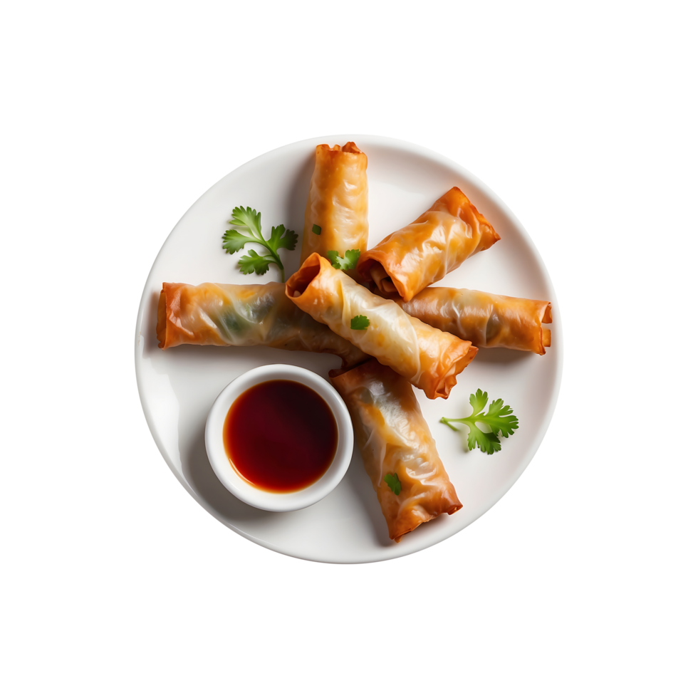 Fried spring rolls with sauce on a plate on a transparent background png