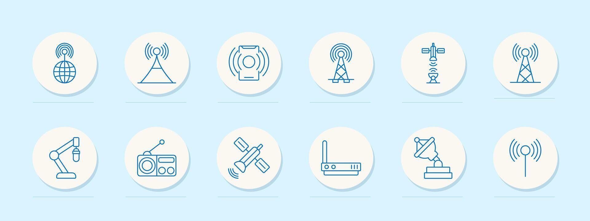 Telecommunication set icon. Globe, antenna, radio, and satellite. Communication, signal, network, and technology concept. vector
