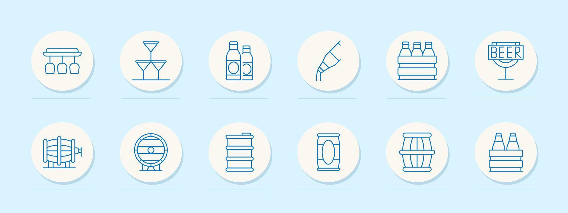 Beverage set icon. Bottles, barrel, glasses, and beer. Drink, alcohol, brewing, and bar concept. vector