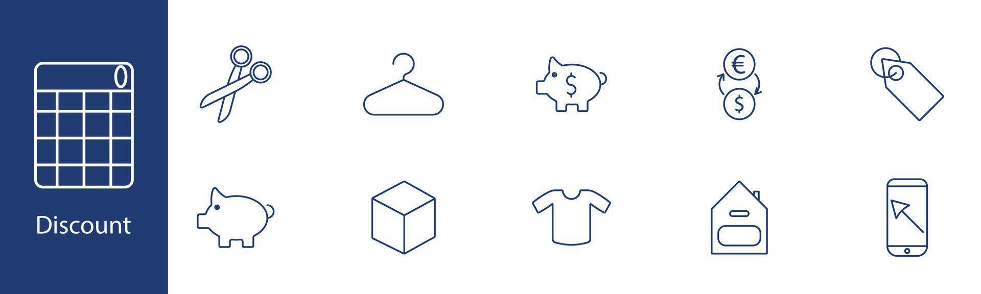 Discount set icon. Scissors, hanger, piggy bank, coins, tag, box, shirt, mobile, calendar. Sale, savings, shopping concept. vector