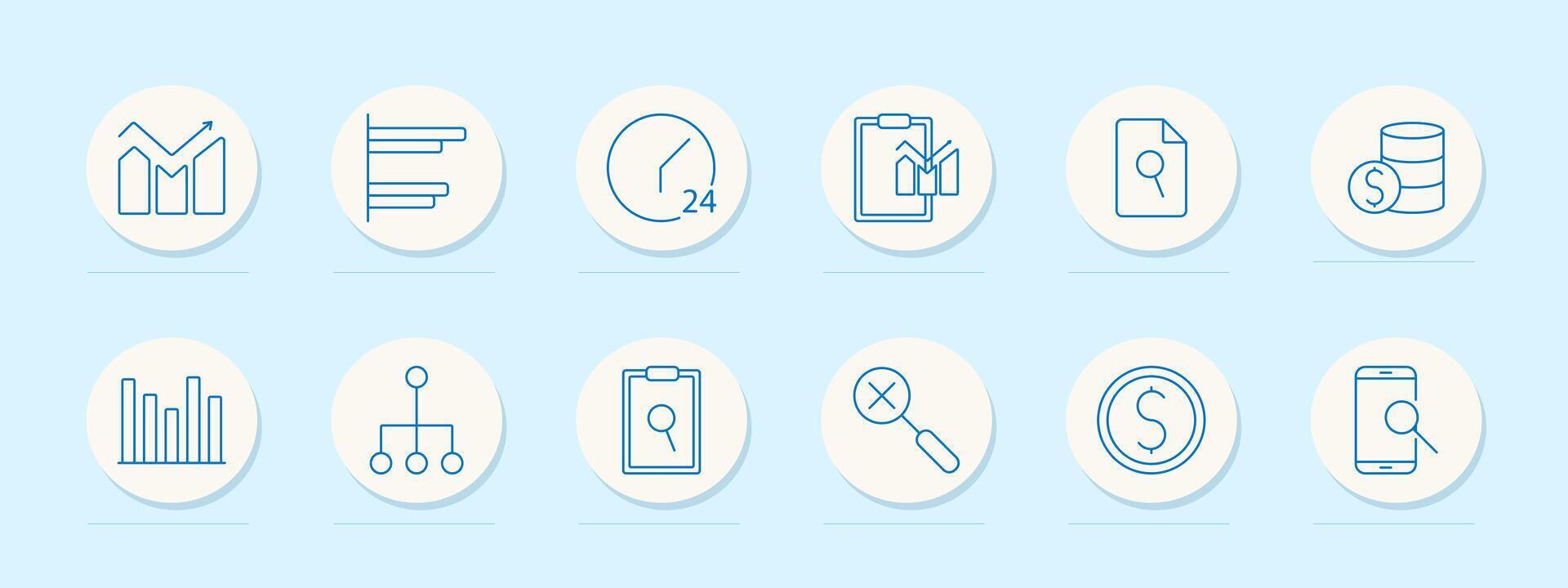 Data analytics set icon. Chart, clock, clipboard, and database. Statistics, performance, and business metrics concept. vector