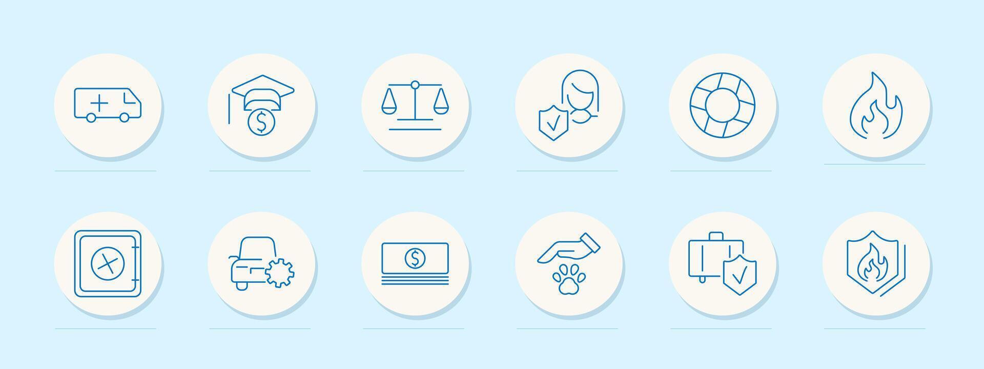 Insurance and finance set icon. Ambulance, graduation cap, scales, and shield. Protection, safety, security, and investment concept. vector