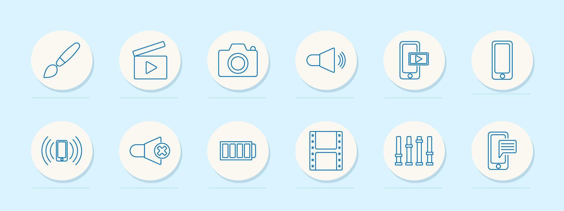 File management set icon. Document, search, play, pause, add, check, star, cross, forward, remove. File management, media control, document analysis concept. line icons on blue background. vector