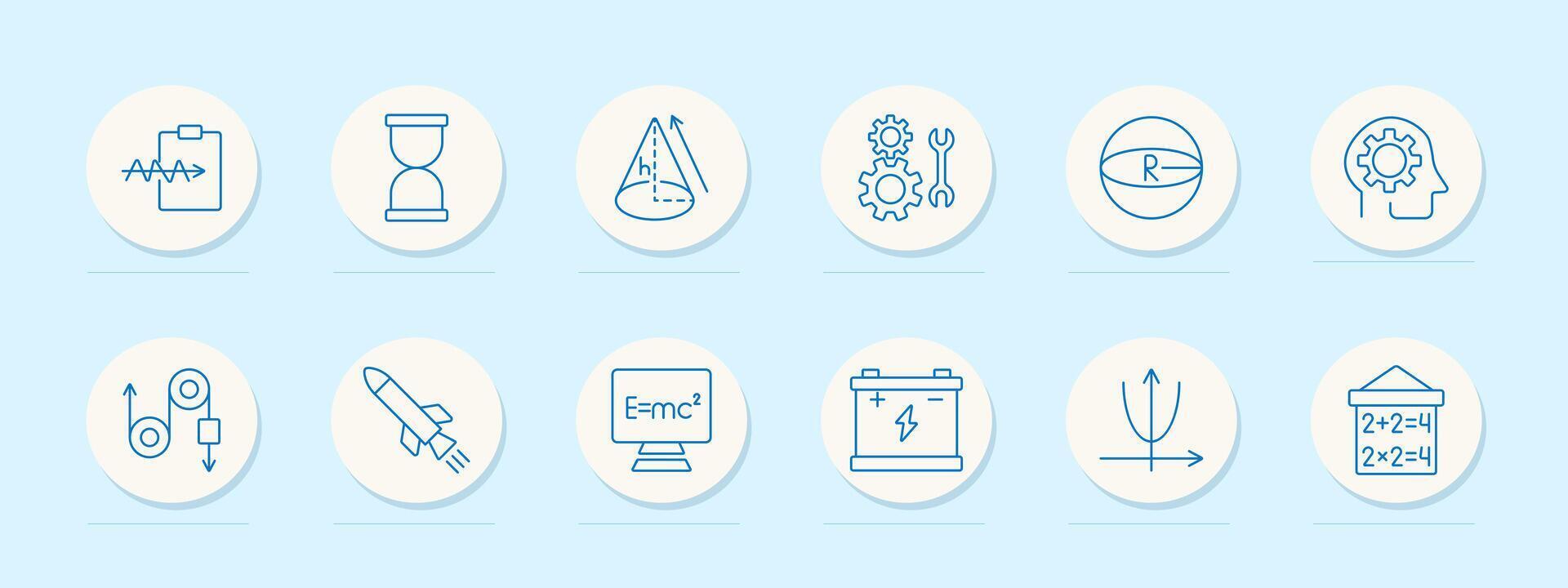 Physics set icon. Time, sphere radius, E mc formula, battery, brain gear, tools, pulley, rocket, graph, mathematics. Science, engineering, education concept. vector