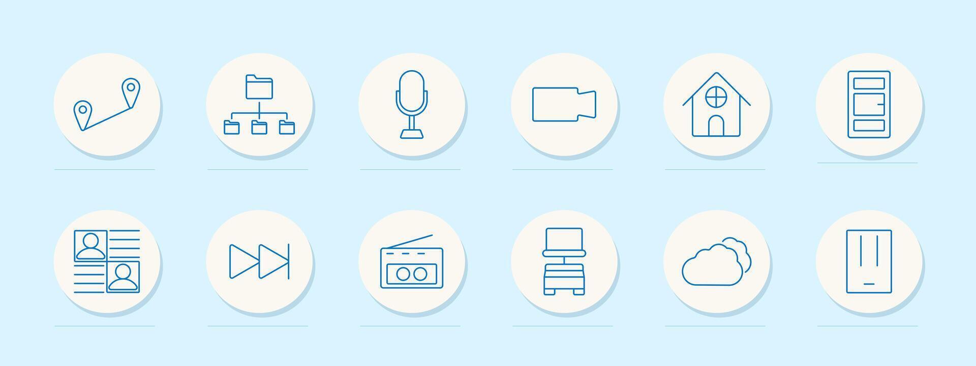 Multimedia set icon. Microphone, camera, house, and cloud. Media, recording, streaming, and storage concept. vector