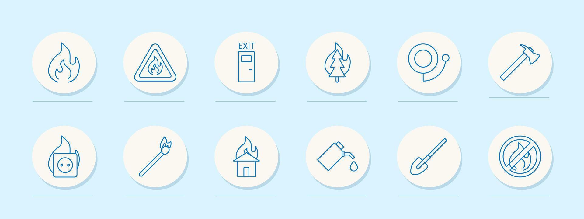Fire safety set icon. Flame, extinguisher, exit sign, fire alarm, and axe. Emergency, protection, firefighting concept. vector