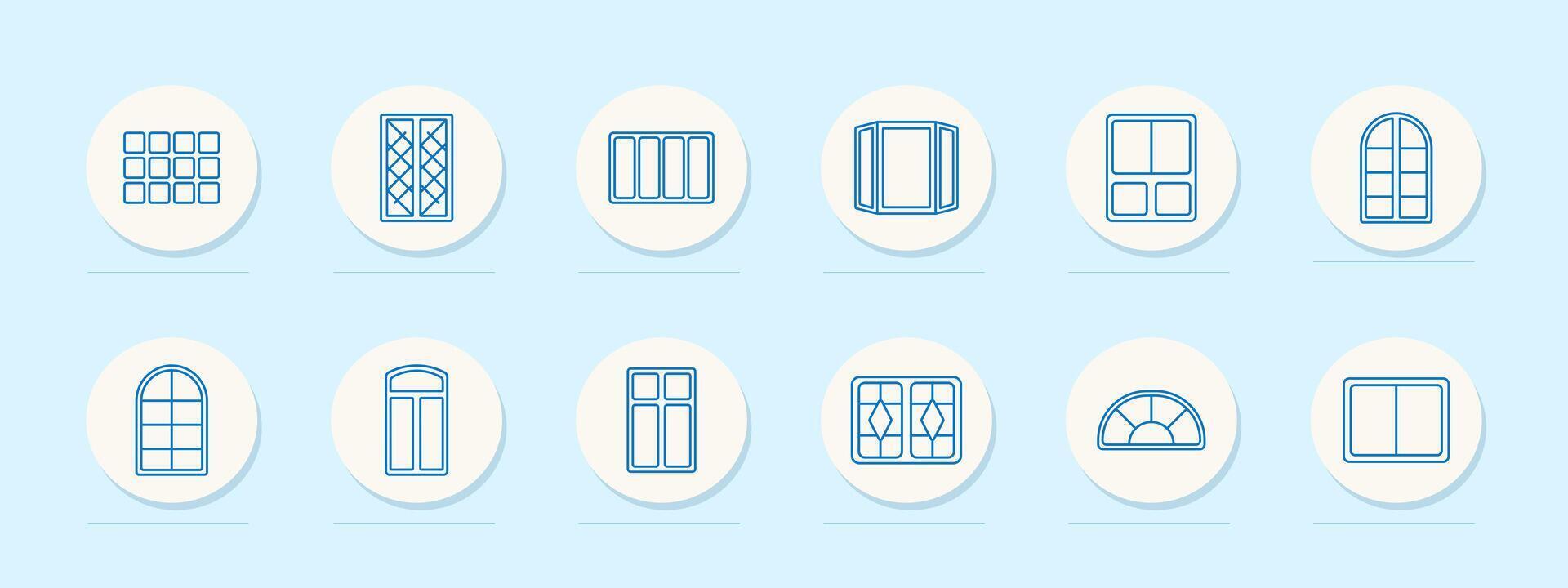 Window set icon. Various window designs including arched, sliding, and casement windows. Home, architecture, design concept. vector