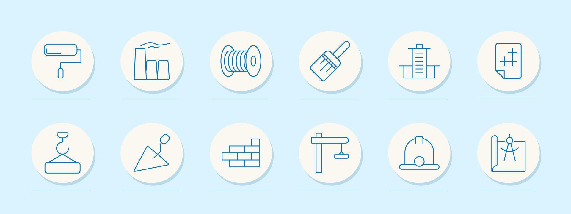Construction tools set icon. Paint roller, bricks, trowel, crane, hard hat, and blueprint. Building, architecture, renovation concept. vector