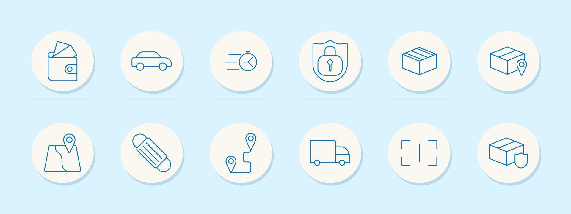 Delivery set icon. Wallet, car, clock, shield, box, location, map, and delivery truck. Logistics, shipping, courier service concept. vector