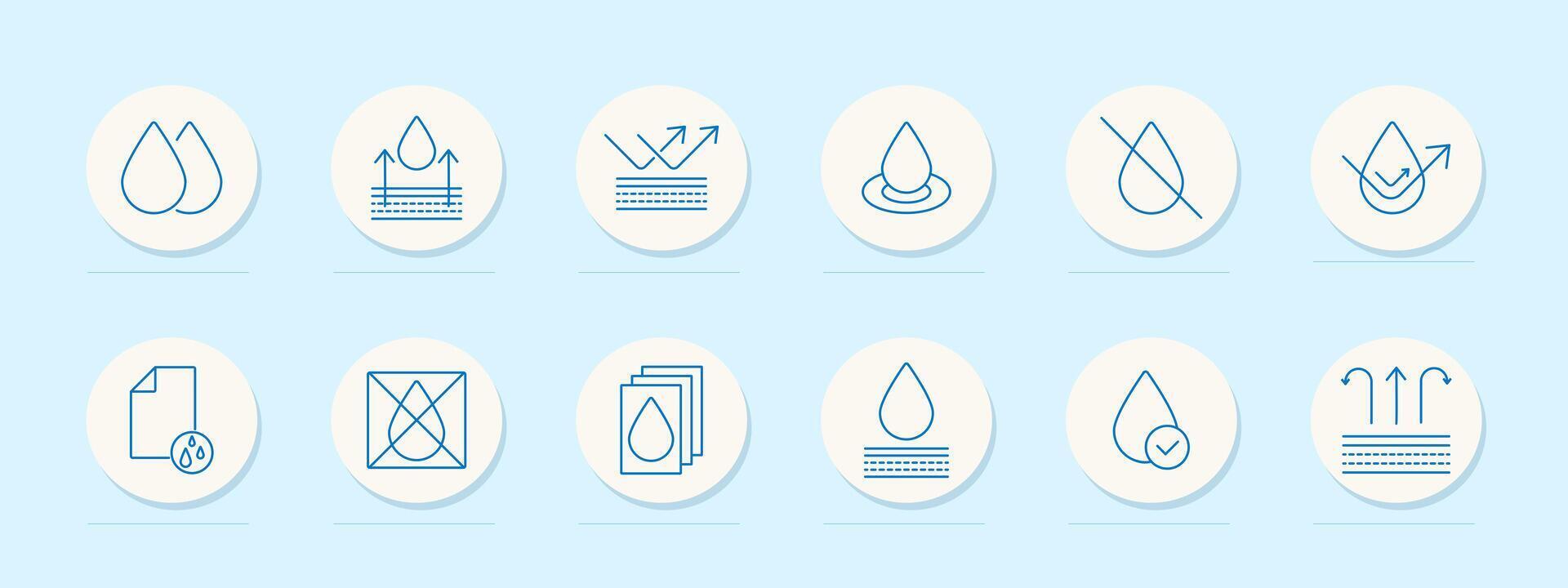 Water set icon. Drops, absorption, moisture, impermeability, permeability, layers, wetness. Water management, fluid dynamics, hydrology concept. vector