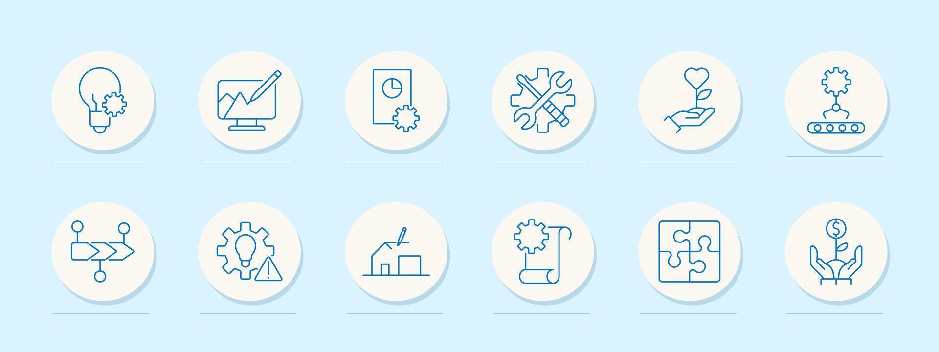 Business development set icon. Light bulb, computer, chart, and gears. Innovation, growth, planning, and strategy concept. vector