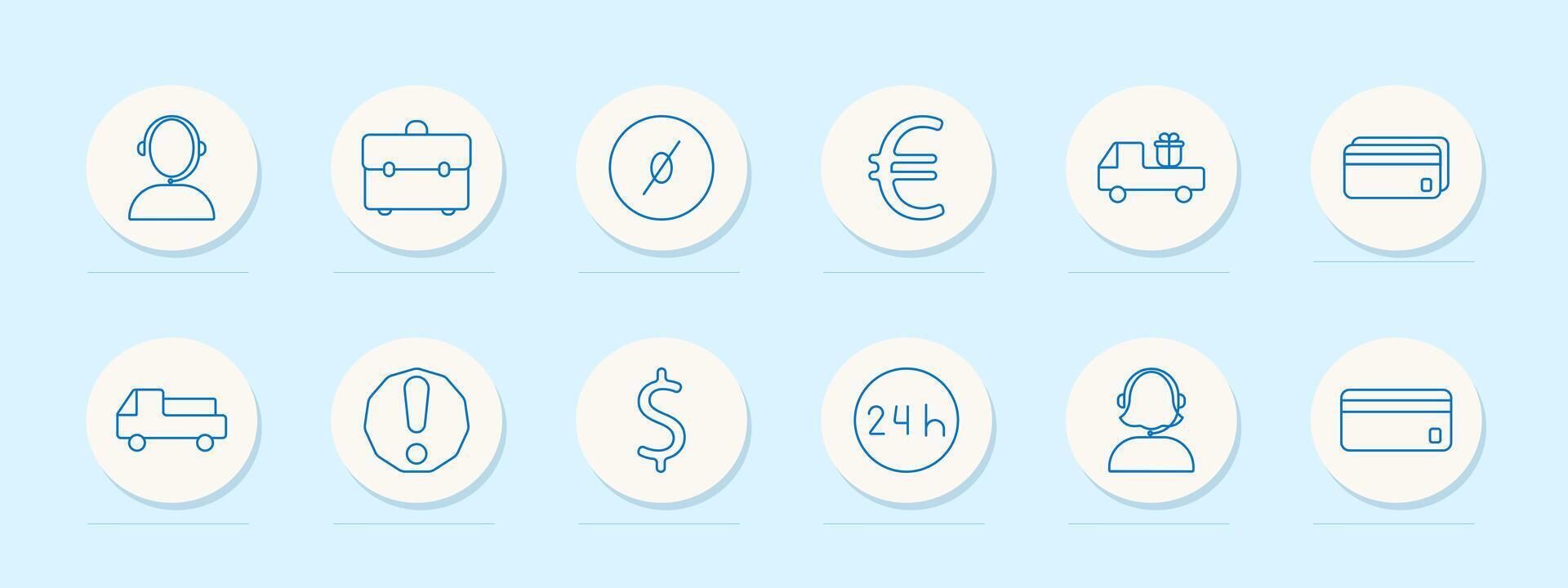 Customer service set icon. Headset, briefcase, compass, euro, delivery truck, credit card, alert, dollar, 24 hours, support agent. Customer support, finance, logistics concept. line icons vector