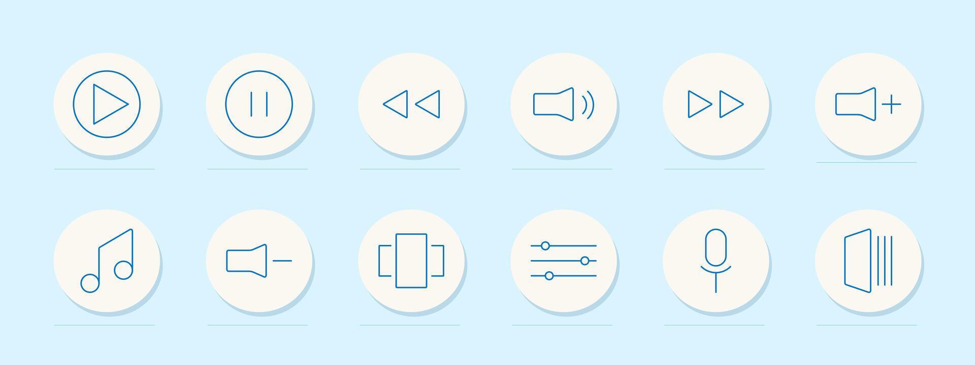 Media control set icon. Play, pause, rewind, volume, fast forward