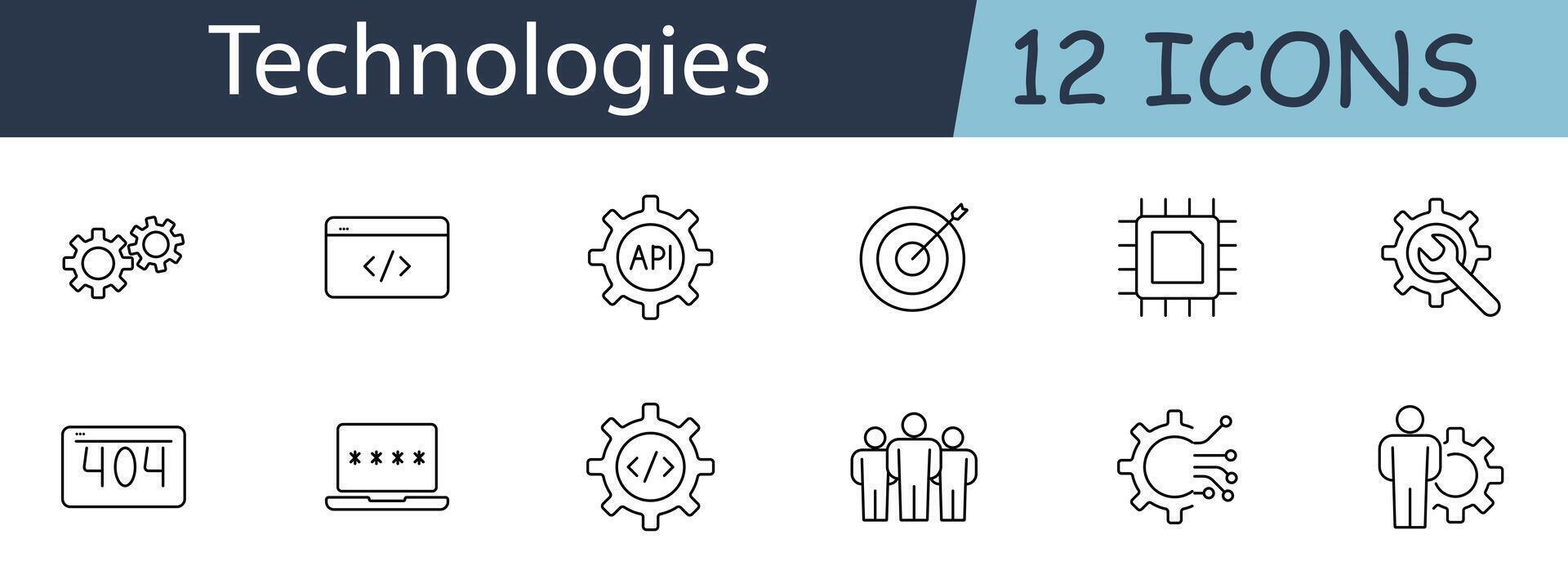 Technologies set icon. Includes coding, API, gears, computer, and network symbols. Perfect for IT, software development, and tech services concepts. line icon on white background. vector