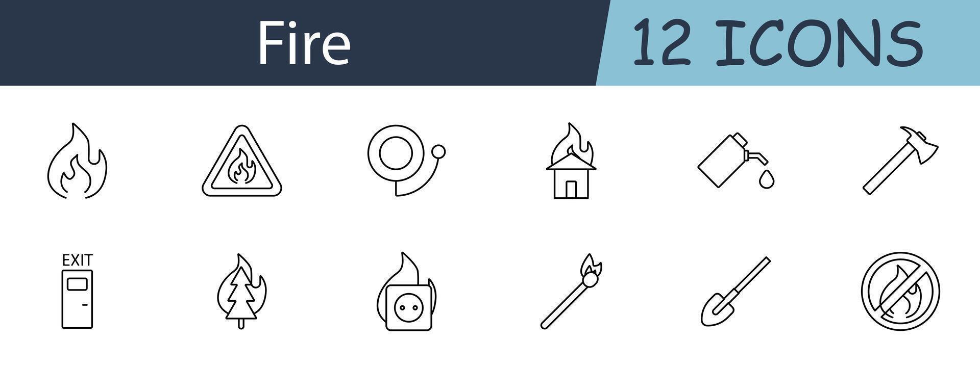 Fire set icon. Includes flames, fire safety, extinguishers, alarms, and emergency symbols. Ideal for safety, emergency services, and fire prevention concepts. line icon on white background. vector