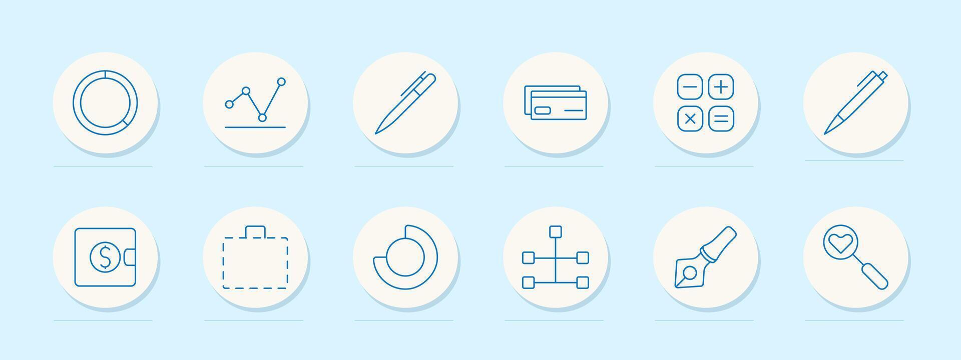Data analytics set icon. Chart, bar graph, clock, clipboard, document, coins, hierarchy, folder, magnifying glass. Statistics, performance, business metrics concept. line icons vector