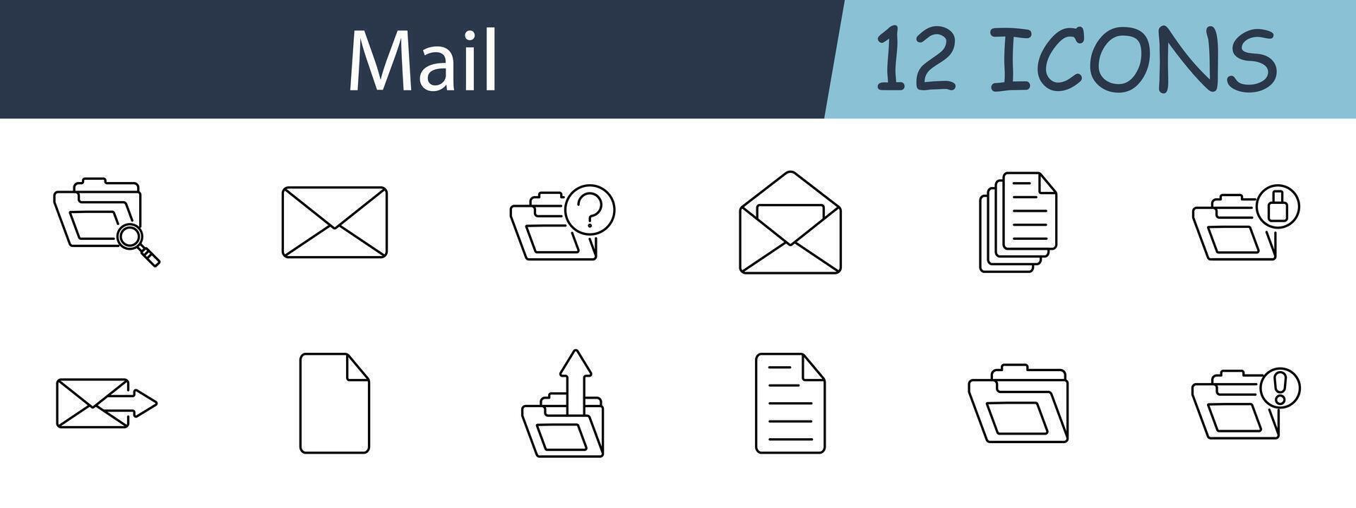 Mail set icon. Folder, envelope, query, inbox, outbox, document, sent, received, attachment, message, communication. Email concept. line icon on white background. vector