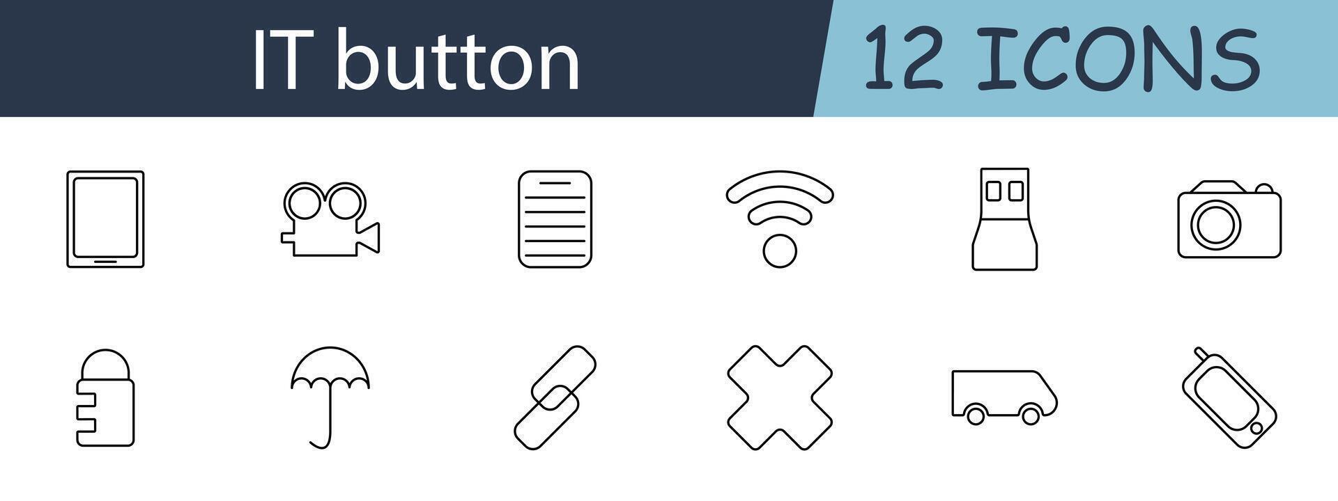 IT button set icon. Tablet, movie camera, document, wifi, USB, camera, lock, umbrella, link, cross, truck, mobile phone. IT tools, security, connectivity, multimedia concept. vector