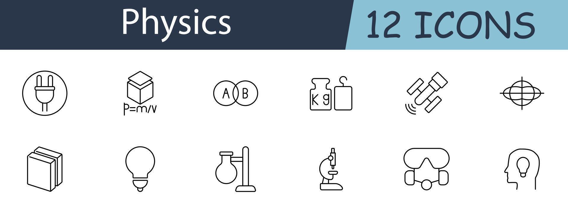 Physics set icon. Includes formulas, lab equipment, and scientific tools symbols. Suitable for education, research, and science concepts. line icon on white background. vector