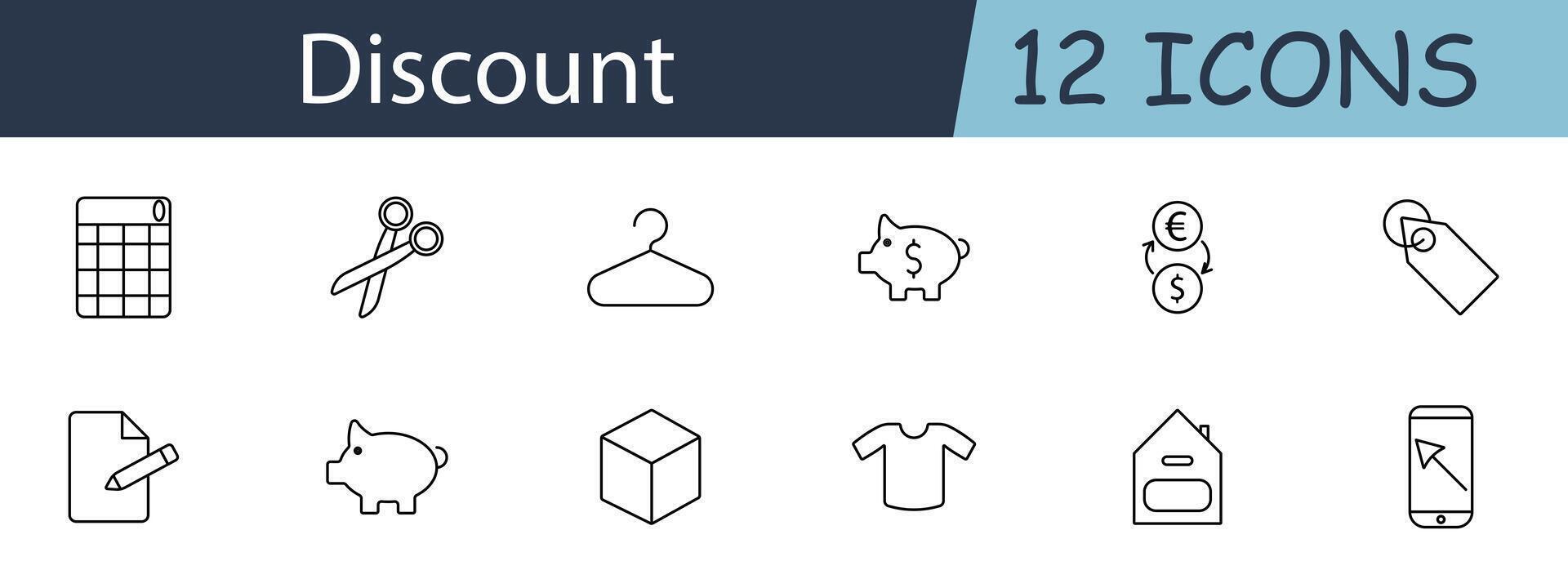 Discount set icon. Calendar, scissors, hanger, piggy bank, exchange, tag, note, cube, shirt, house, smartphone. Sale concept. line icon on white background. vector