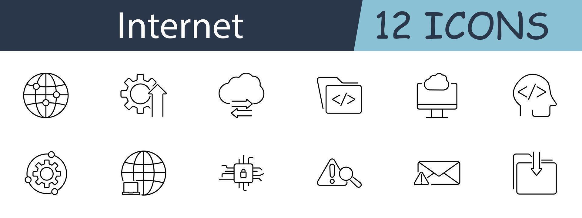 Internet set icon. Globe, gear, cloud, folder, coding, head, computer, magnifying glass, warning, email, download. Internet services, digital technology, web development concept. vector