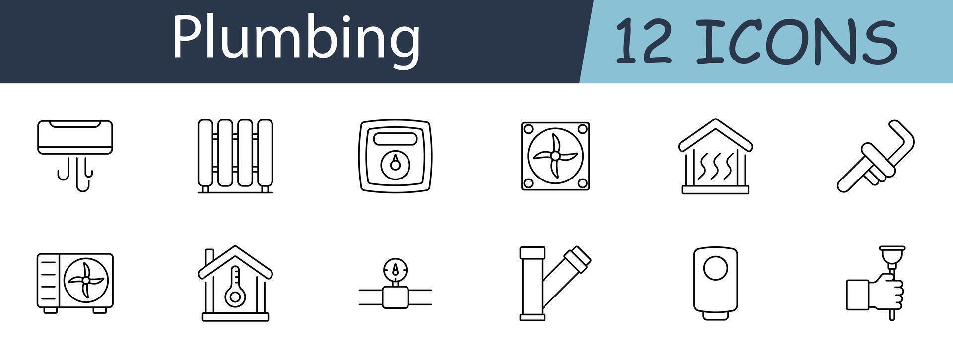 Plumbing set icon. Includes HVAC, pipes, radiators, and tools symbols. Suitable for heating, cooling, and plumbing services concepts. line icon on white background. vector