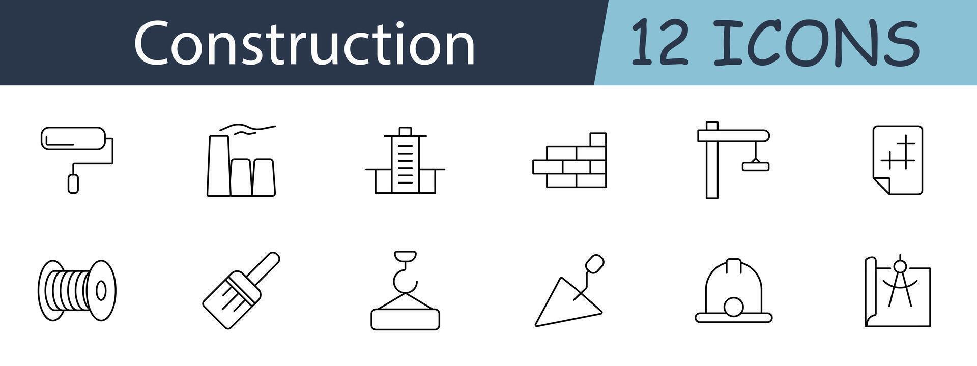 Construction set icon. Includes buildings, cranes, tools, and safety gear symbols. Suitable for building, engineering, and construction industry concepts. line icon on white background. vector