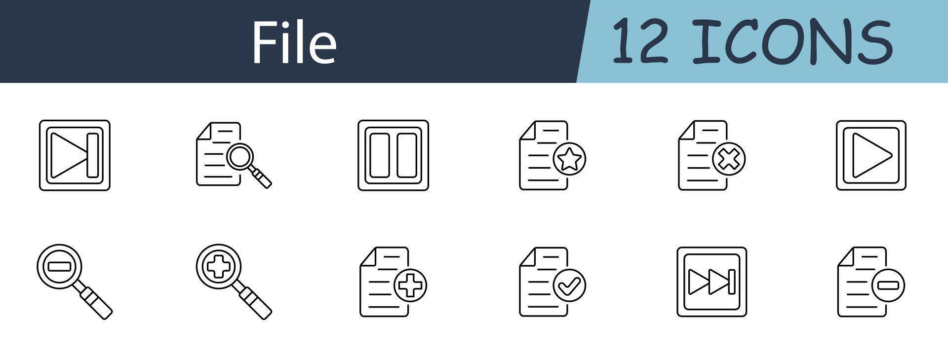 File set icon. Play, pause, search, star, delete, add, zoom in, zoom out, forward, backward, document, checkmark. Document management, multimedia control, file operations concept. vector