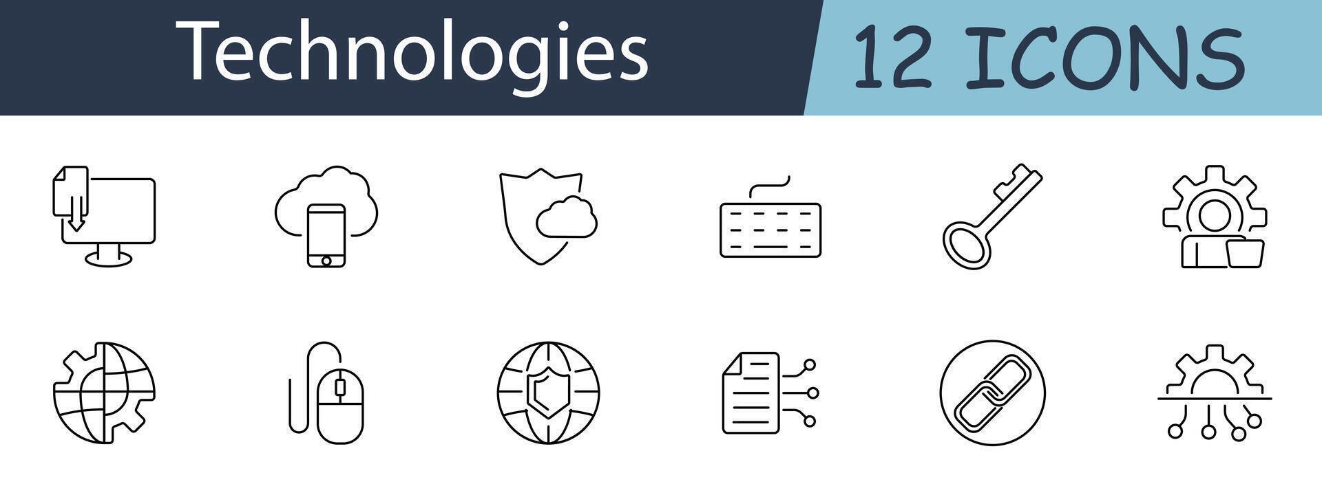 Technologies set icon. Includes cloud storage, security, devices, keyboard, and network symbols. Perfect for tech, IT services, and digital solutions concepts. line icon on white background. vector