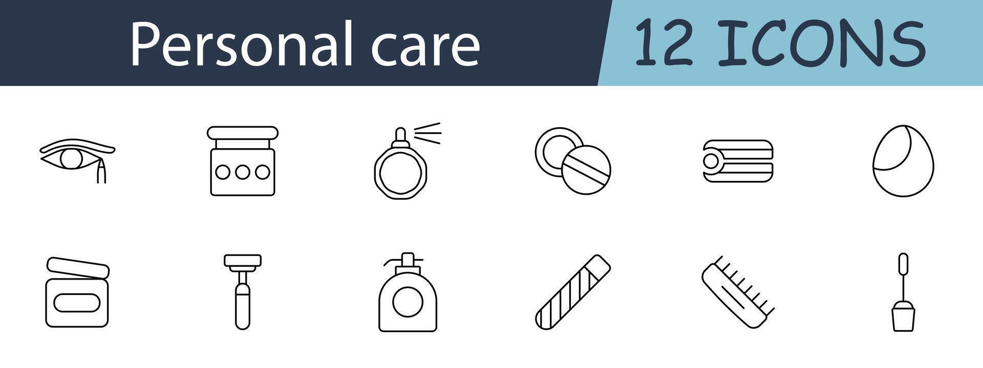 Personal care set icon. Includes eye care, perfume, pills, and grooming tools symbols. Ideal for beauty, hygiene, and health care concepts. line icon on white background. vector