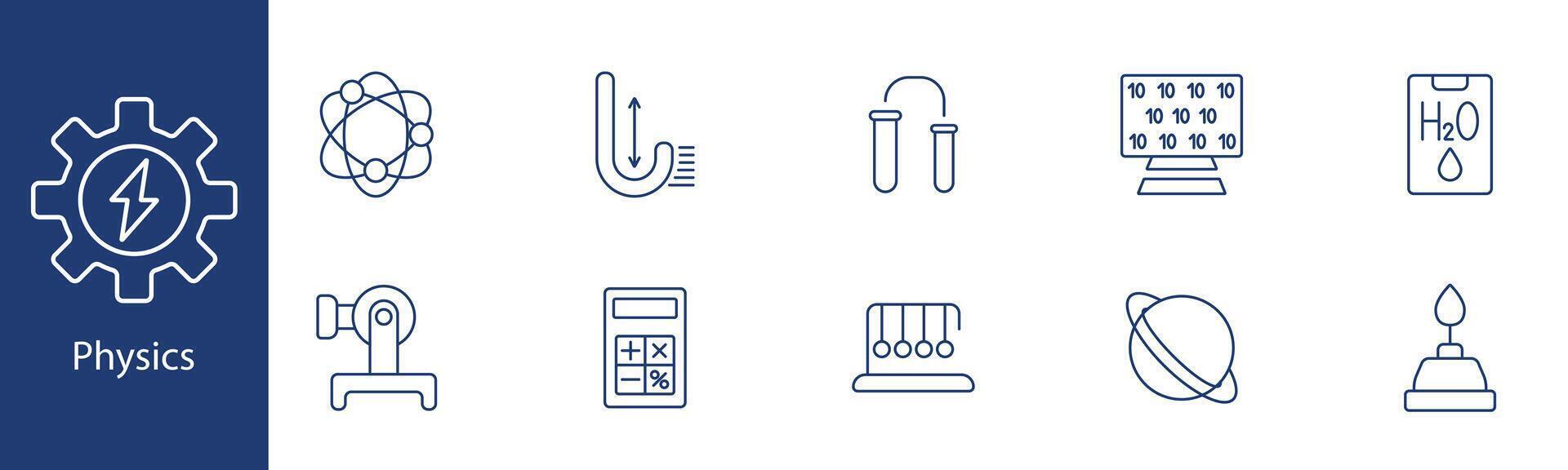 Physics set icon. Atom, magnet, calculator, Newton's cradle, planet. Science, research, experiments, physical laws concept. vector