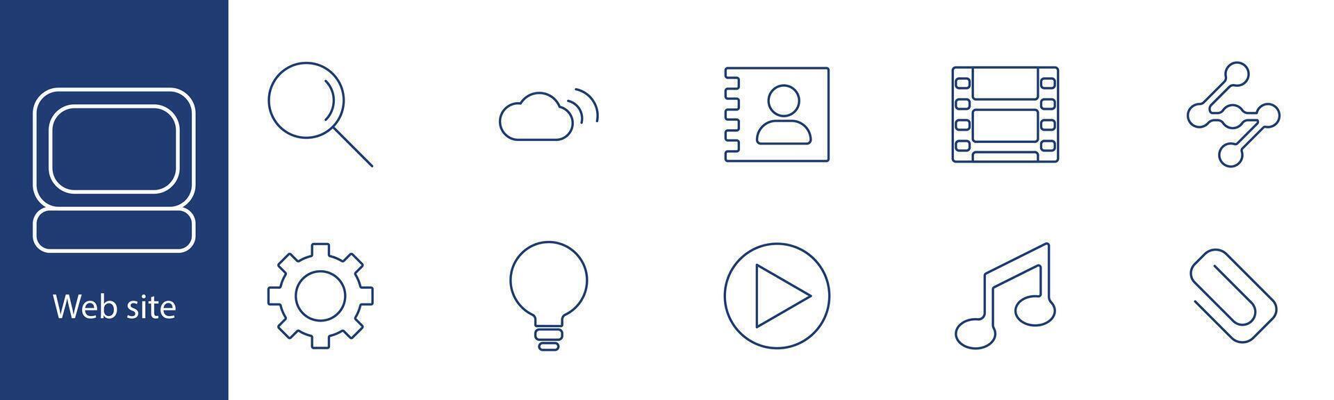 Website set icon. Search, cloud, user profile, , music. Web design, online content, multimedia, digital presence concept. vector