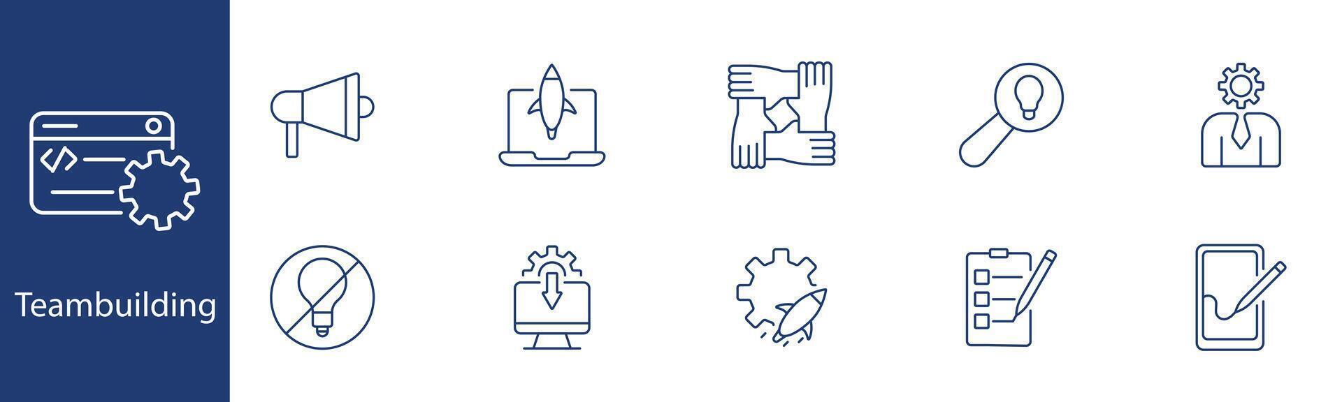 Teambuilding set icon. Hands, megaphone, rocket, ideas, teamwork, integration, leader, planning, unity, collaboration. Company culture, cooperation concept. vector
