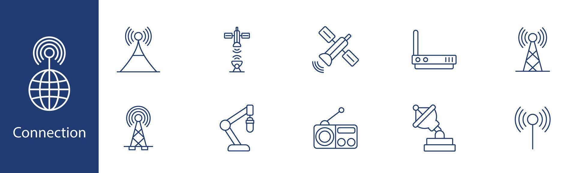Connection set icon. Satellite, radio tower, wifi, globe, antenna. Communication, wireless signal, network, data transmission concept. vector