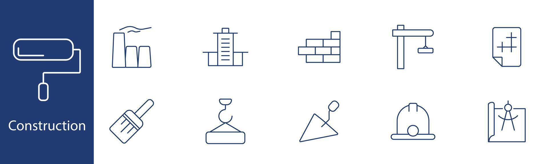 Construction set icon. Factory, building, bricks, crane, blueprint, trowel, hard hat, plan. Construction work, architecture, civil engineering, building project concept. vector