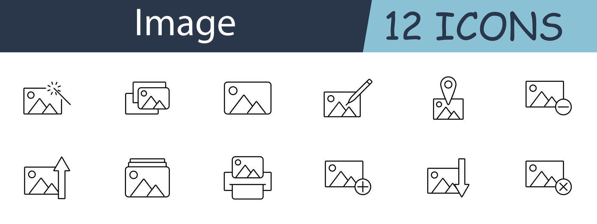 Image set icon. Photo, magic wand, gallery, edit, location, upload, download. Image management, photo editing, digital media, visual content concept. vector