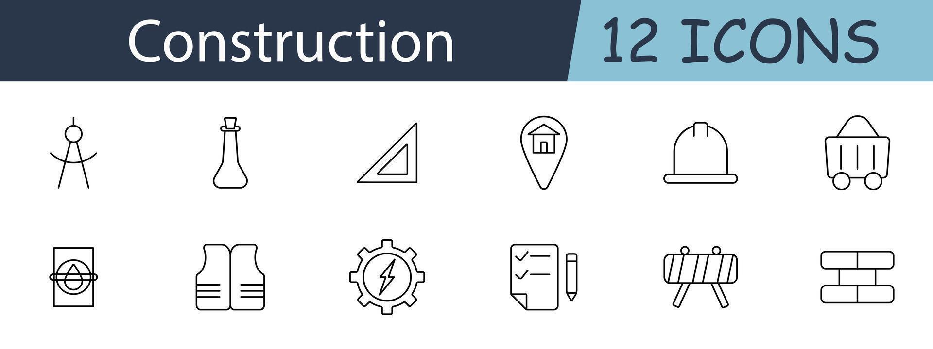 Construction set icon. Includes tools, safety gear, buildings, plans, and machinery symbols. Perfect for building, engineering, and construction industry concepts. line icon on white background vector